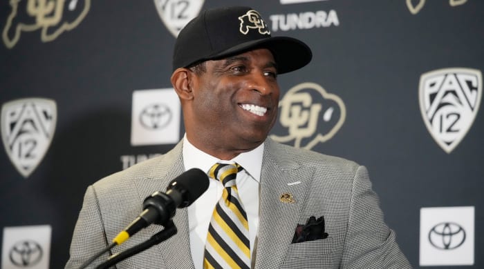 Deion Sanders speaks after being introduced as the new head football coach at Colorado.